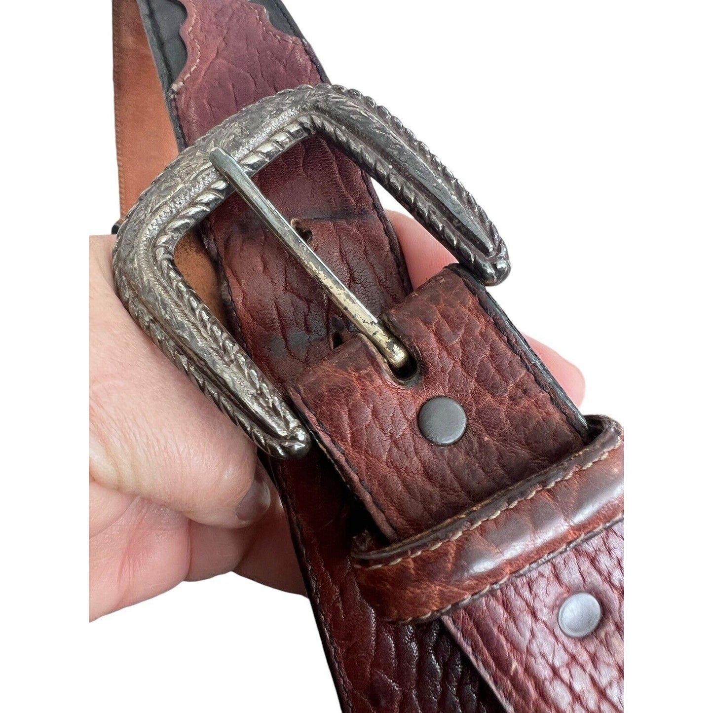 Vintage 1995 JUSTIN Western Black Brown Leather Belt Cowboy Silver Tone Buckle