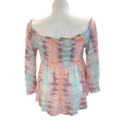 Torrid Womens Plus Sz 1X Tie Dye Babydoll Smocked Off-Shoulder Bell Sleeve Top