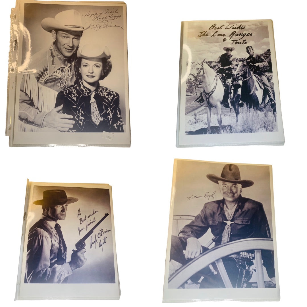 Set of 4 Vintage Western Photo Prints Facsimile Autographs Roy Rogers Lone Ranger Hopalong Cassidy Wyatt Earp