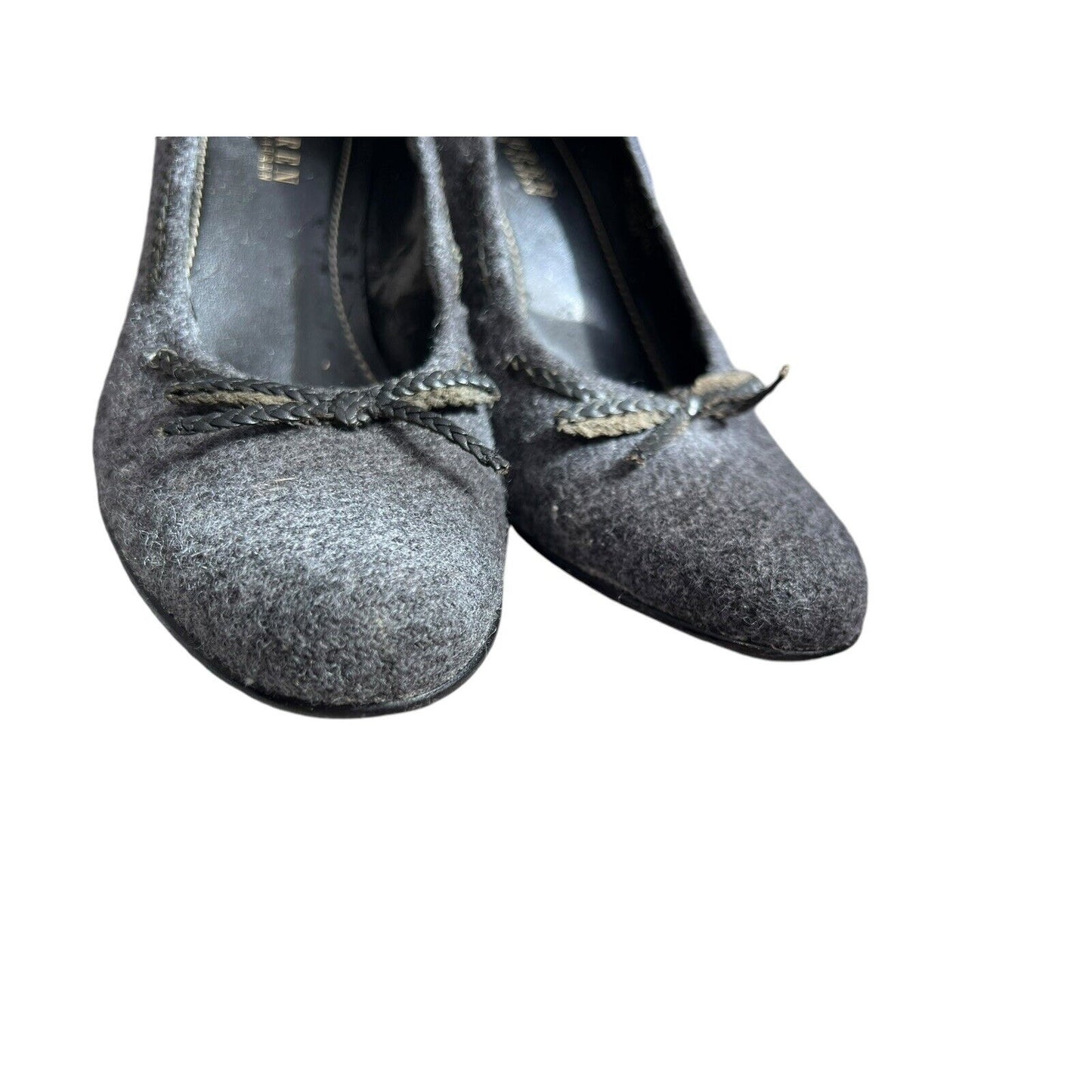 Size 7.5. Lauren Ralph Lauren Nina Gray Wool Pumps 3” Heel Bows Shoes Business