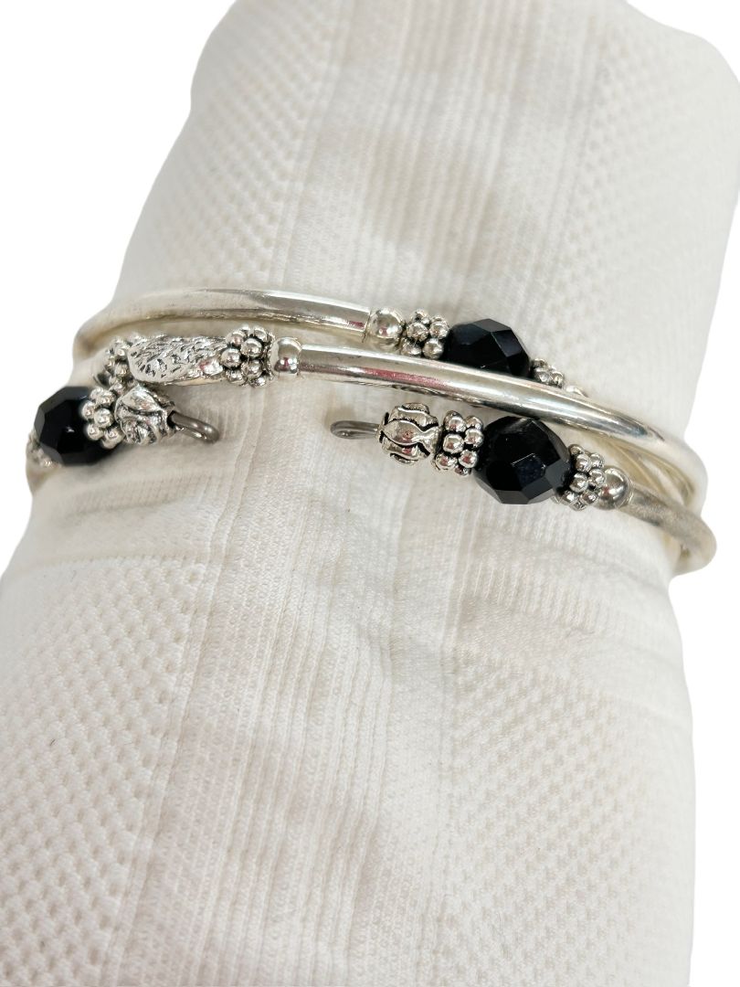 Silvertone and Black Beaded Wrap Style Metal Bracelet Bangle Adjustable