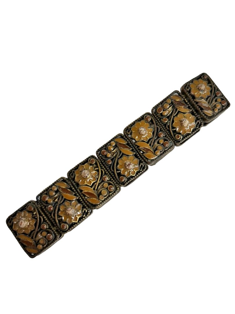 Brown Enameled Stretch Bracelet Floral Copper Color Stretchy