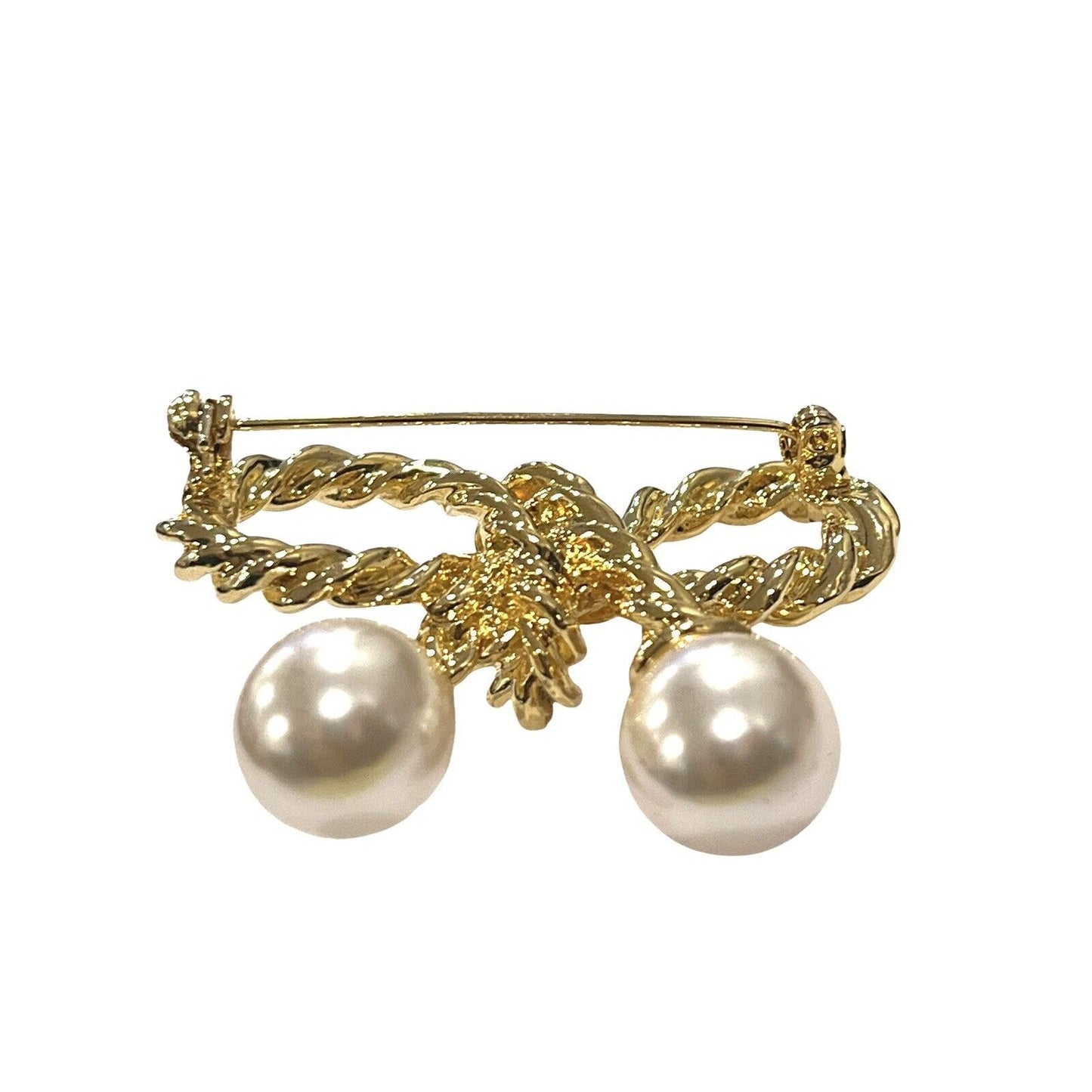 Vintage Gold Tone Faux Pearl Braided Bow Pin Brooch Rope