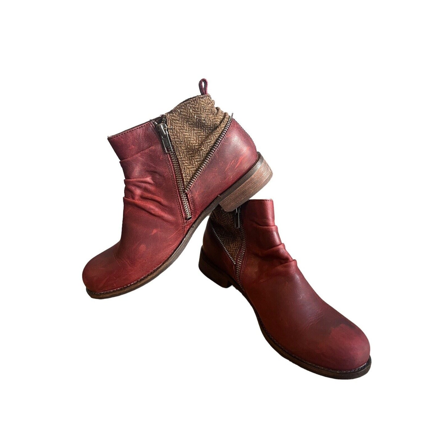 7.5 CAT CATERPILLAR KILEY Maroon Burgundy Leather Tweed Ankle Boots Zip