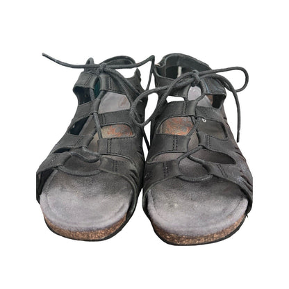 AETREX Women's Giselle Black Leather Lace Up Wedge Sandals Cut Outs Sz 10/41