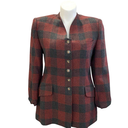 Size 12 John Meyer Of Norwich Blazer Red Gray Plaid Wool Blend Jacket VTG Enamel