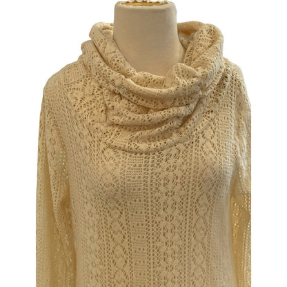 Size L Ryu Cream Cowl Neck Sweater Lace Trim Lagenlook Boho Womens Long Tunic