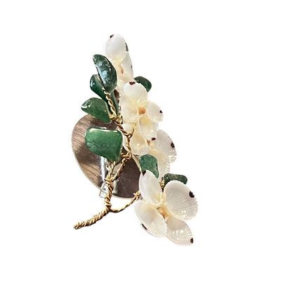 Vintage Hand Made Sea Shell Jade Pin Brooch Dogwood Twisted Metal Artisan