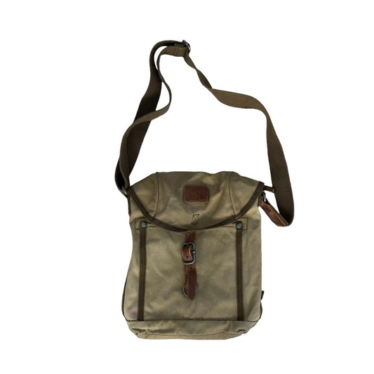 TSD Brand Forest Flap Crossbody Messenger Bag Tan Canvas Brown Leather Trim