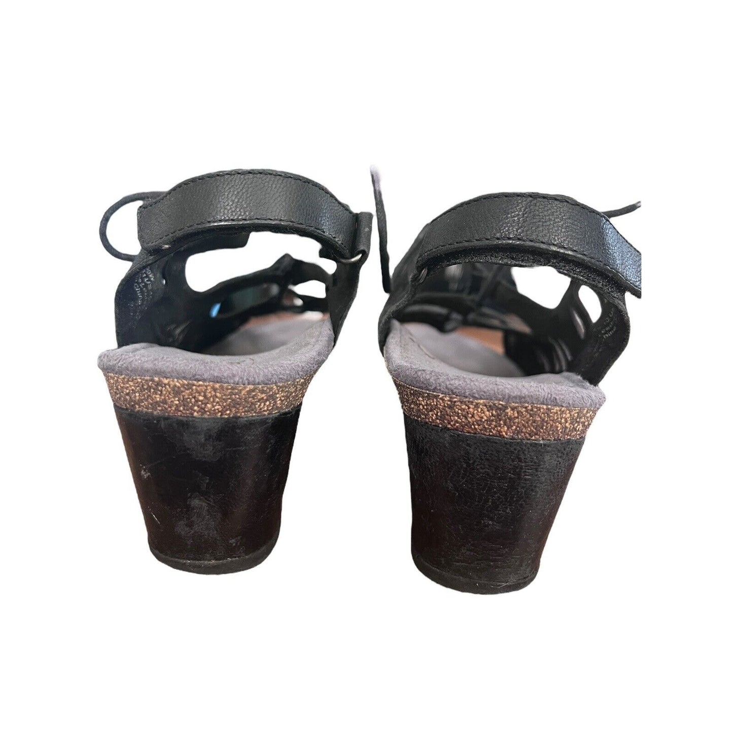 AETREX Women's Giselle Black Leather Lace Up Wedge Sandals Cut Outs Sz 10/41