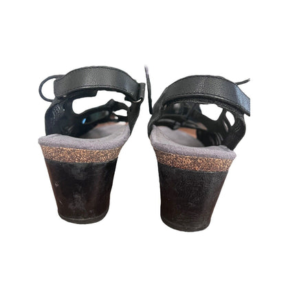 AETREX Women's Giselle Black Leather Lace Up Wedge Sandals Cut Outs Sz 10/41