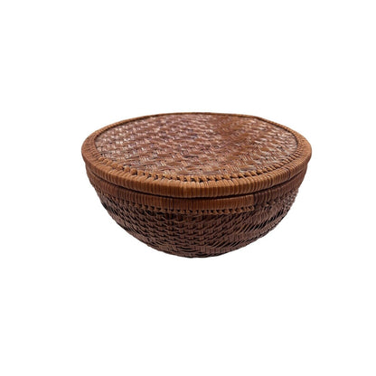 Round Rattan Wicker Fruit Staking Basket with Lid Storage Boho Natural Decor