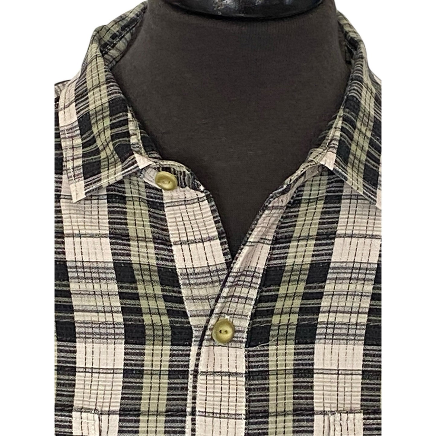 Large Tommy Bahama Button Up Shirt Mens Silk Short Sleeve Plaid Green Black Gray