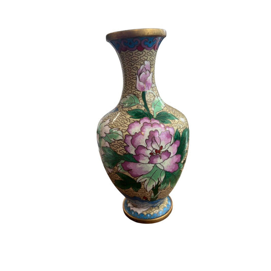 Vintage Chinese Cloisonné Butterfly Flower Motif Brass Vase Grand Millennial