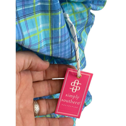 Size XXL Simply Southern Plaid Sleeveless Peplum Shirt Blue Green Cotton NWT