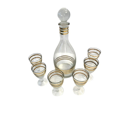 MCM Clear Glass Decanter 6 Glasses Gold Accent Dapper Debonair Classic Bar Set