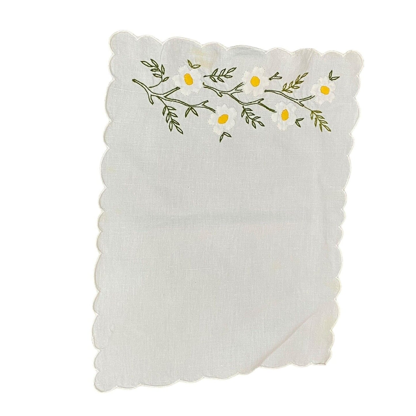 Vintage Embroidered Placemats (7) And Napkin (1) Floral Daisy White Yellow