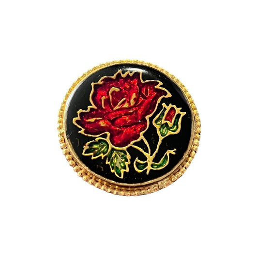 Vintage Black Red Rose Resin Coated Flower Round Gold Tone Brooch Pin 1 1/16”