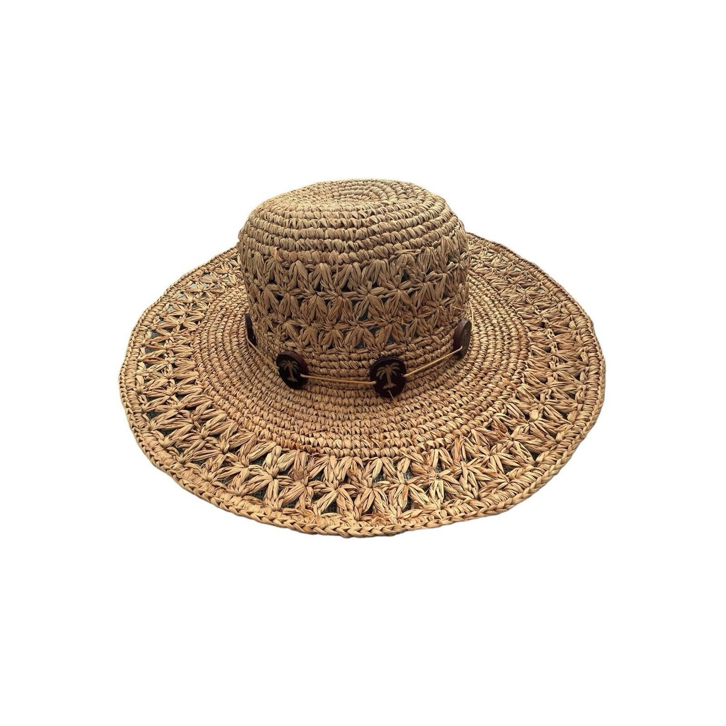 Women's Scala Crochet Straw Raffia 4" Brim Sun Floppy Hat Palmetto Tree Beads