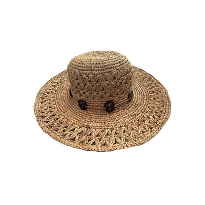 Women's Scala Crochet Straw Raffia 4" Brim Sun Floppy Hat Palmetto Tree Beads