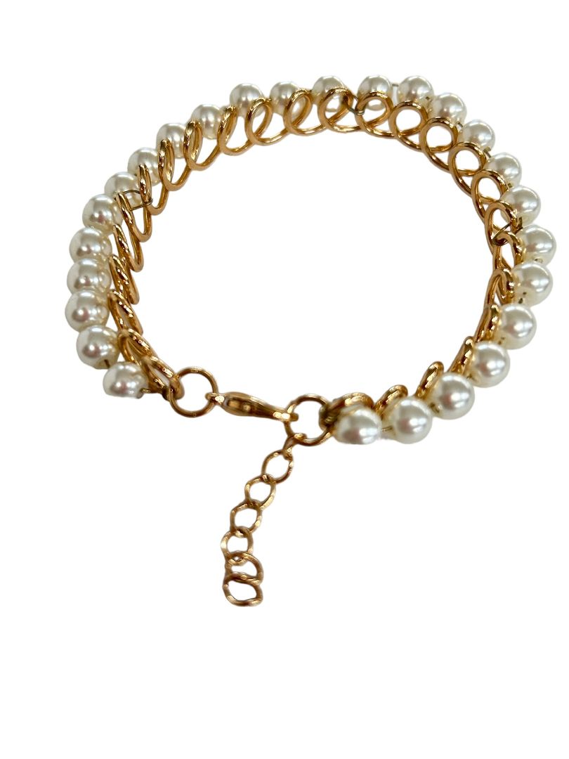 Faux Pearl Goldtone Bracelet Lobster Clasp Swirl Setting  6.5-7.5"