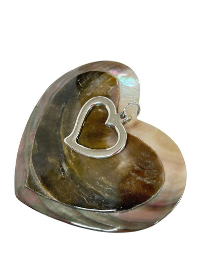 Heart Shaped Shell Silvertone Statement Pendant Brown 2.5"