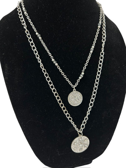 Layered Silvertone Medallion Necklace 20" Drop 14"