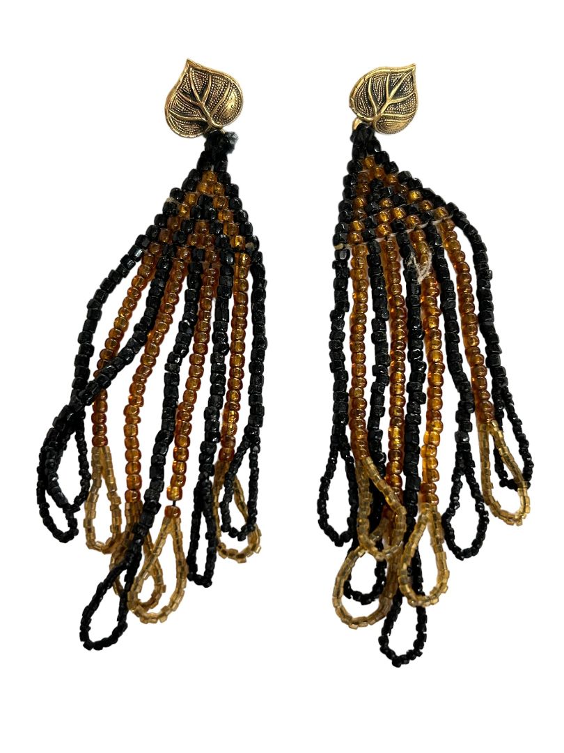 Vintage Seed Bead 3.5" Drop Dangle Earrings Goldtone Black Post Pierced