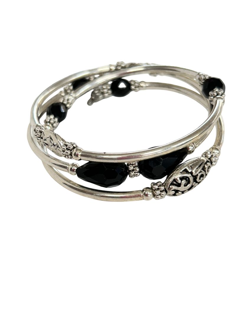 Silvertone and Black Beaded Wrap Style Metal Bracelet Bangle Adjustable