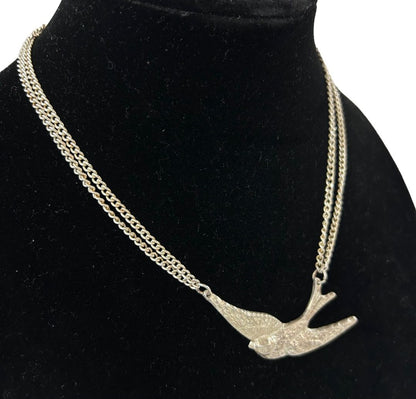 Silvertone Double Chain Necklace Bird in Flight 17.5"-20"