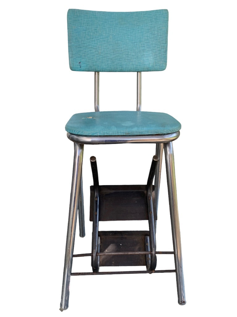 Vintage 1950s 3 Step Fold Down Step Stool Teal Sturdy Midcentury