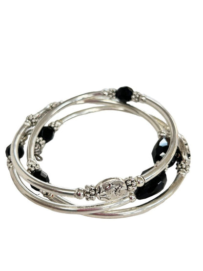 Silvertone and Black Beaded Wrap Style Metal Bracelet Bangle Adjustable