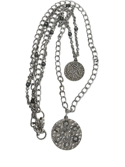 Layered Silvertone Medallion Necklace 20" Drop 14"