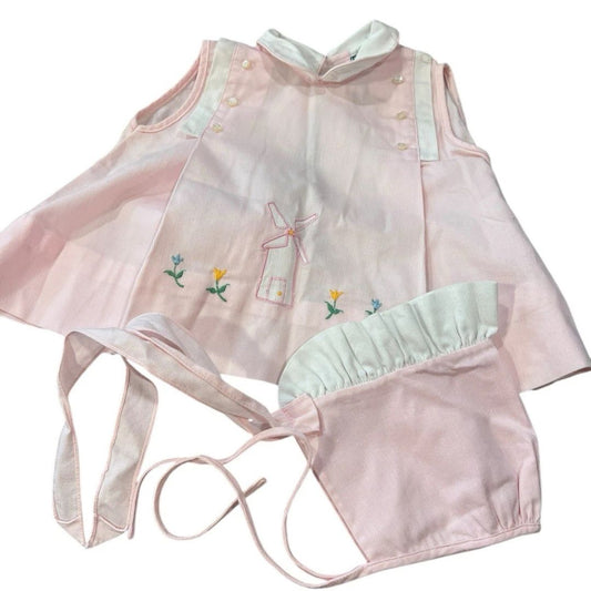 Infant Girl 0-3 months Pink Vintage Dress With Bonnet Embroidered Sleeveless