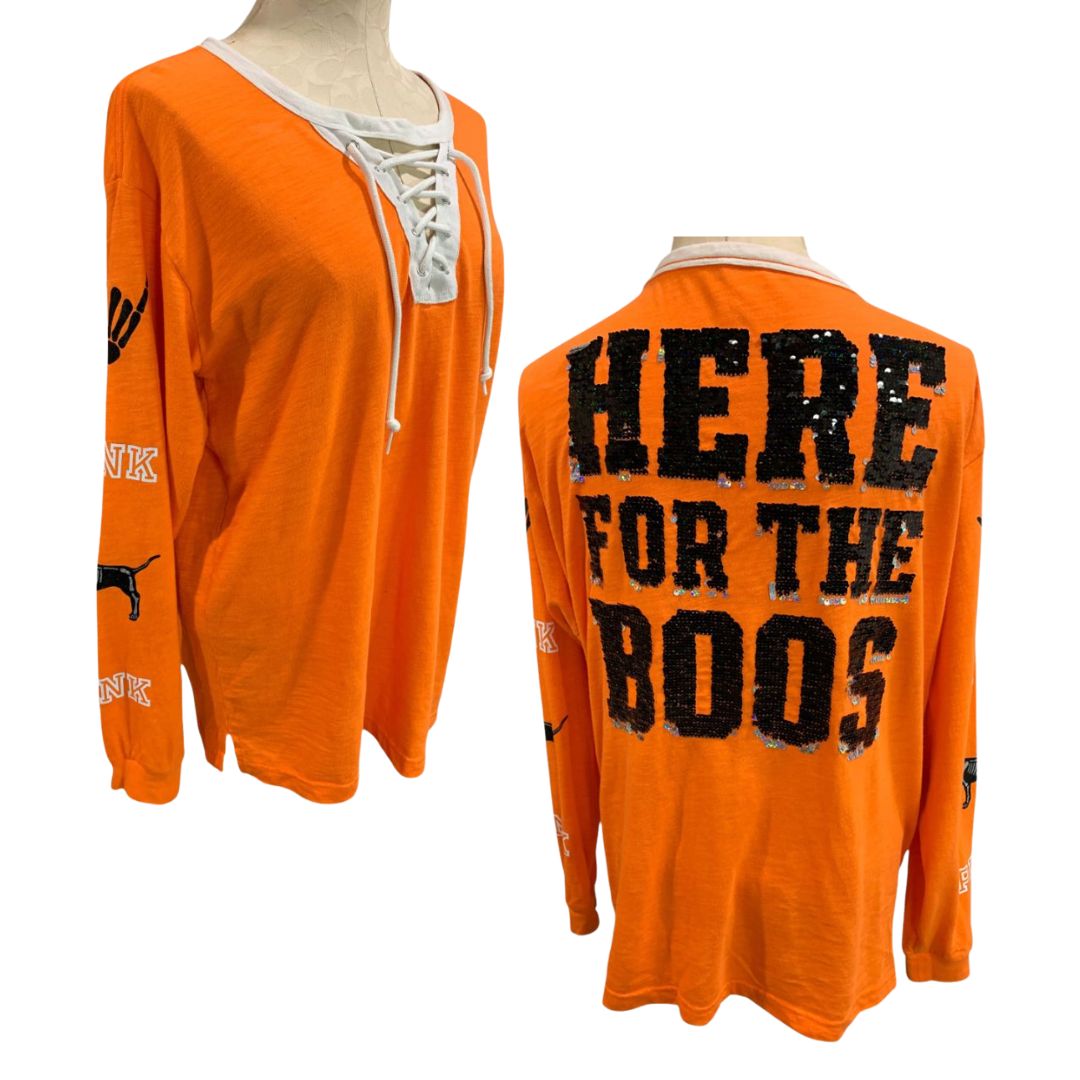 Size Medium Pink Brand Jersey Style "Here for the Boos" Womens Shirt Orange Sequin
