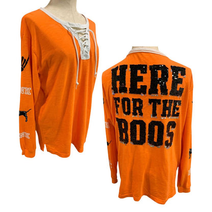 Size Medium Pink Brand Jersey Style "Here for the Boos" Womens Shirt Orange Sequin
