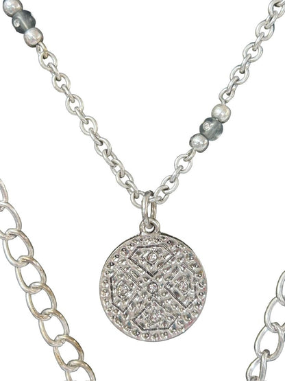 Layered Silvertone Medallion Necklace 20" Drop 14"