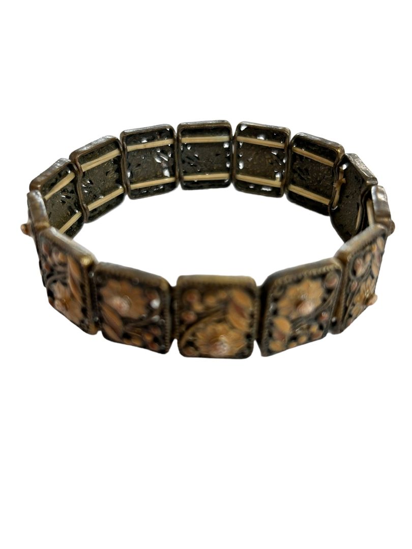 Brown Enameled Stretch Bracelet Floral Copper Color Stretchy