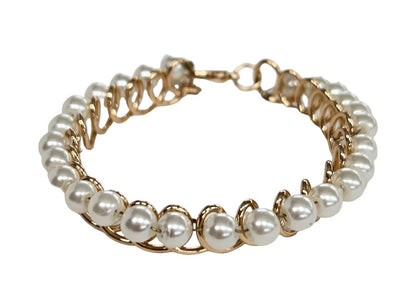 Faux Pearl Goldtone Bracelet Lobster Clasp Swirl Setting  6.5-7.5"