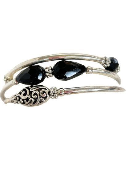 Silvertone and Black Beaded Wrap Style Metal Bracelet Bangle Adjustable