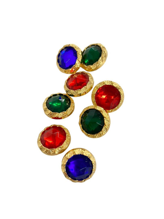 Set of 8 Goldtone Faceted Jeweled Buttons Red Green Blue Sewing Notions