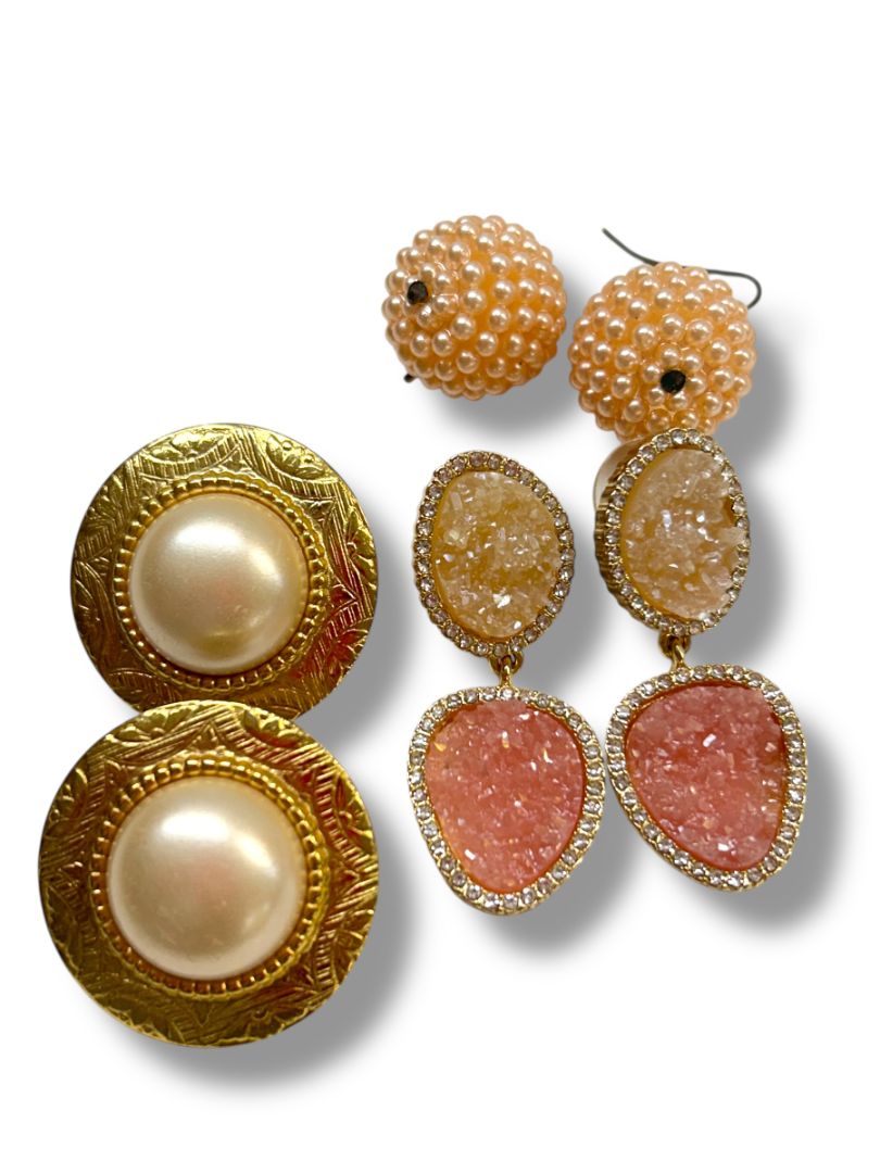3 Pair Pierced Earrings Goldtone Pink Faux Pearl Costume Jewelry
