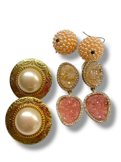 3 Pair Pierced Earrings Goldtone Pink Faux Pearl Costume Jewelry