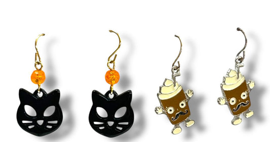 2 Pair Pierced Earrings Fishhook 1.25-1.5" Drop Black Cat Latte