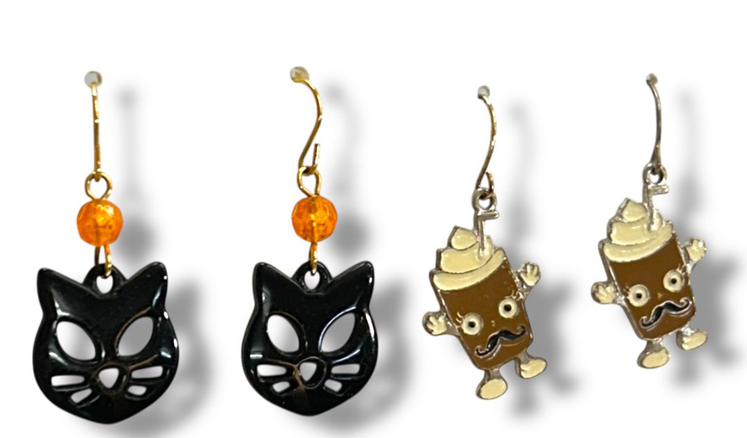 2 Pair Pierced Earrings Fishhook 1.25-1.5" Drop Black Cat Latte