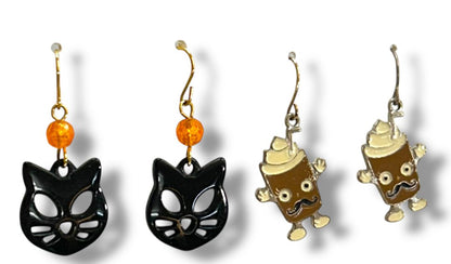 2 Pair Pierced Earrings Fishhook 1.25-1.5" Drop Black Cat Latte