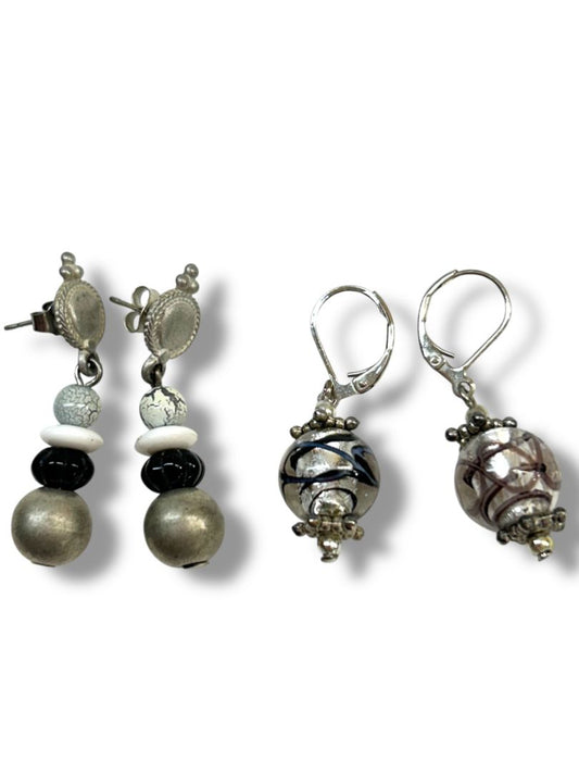 2 Pair Pierced Earrings Silvertone Black 1.5" Dangle Drop