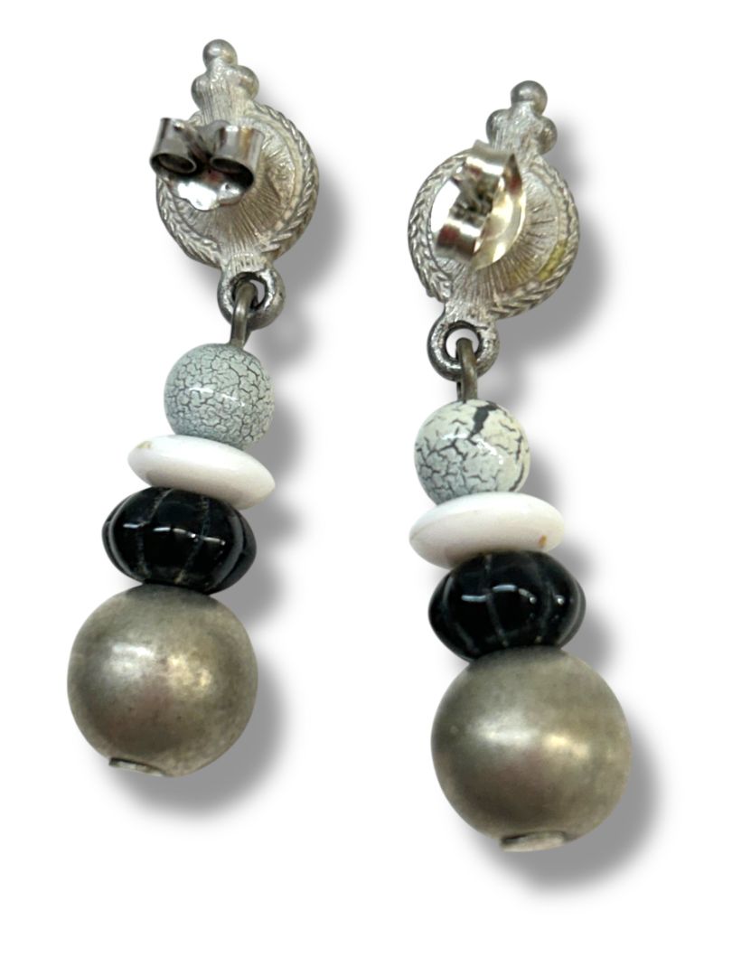 2 Pair Pierced Earrings Silvertone Black 1.5" Dangle Drop