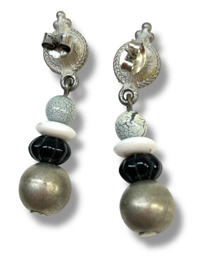 2 Pair Pierced Earrings Silvertone Black 1.5" Dangle Drop