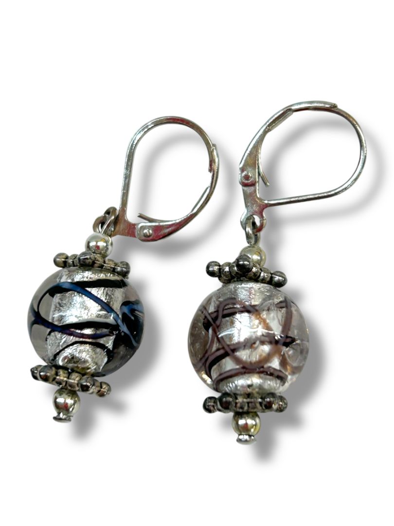2 Pair Pierced Earrings Silvertone Black 1.5" Dangle Drop